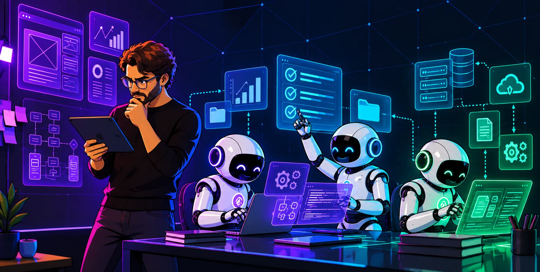 Un ingénieur réfléchit devant des maquettes pendant que trois assistants IA produisent le code, les tests et l’infrastructure.
